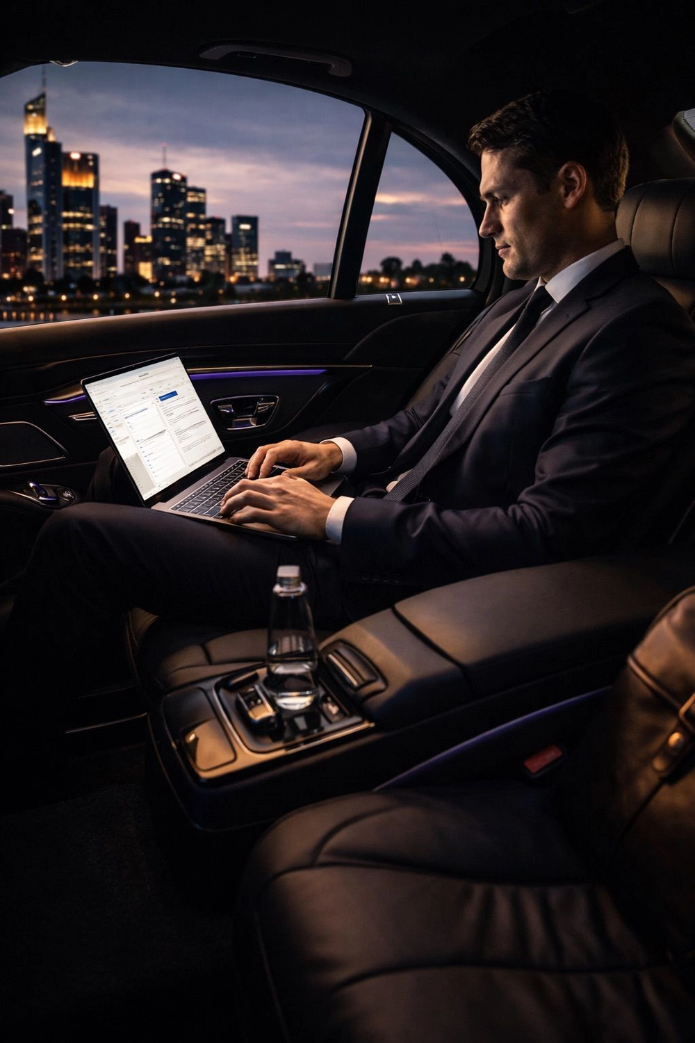 LIMOUSINENSERVICE TAUNUS – Premium-Chauffeurservice – Dieses Bild zeigt einen Profi, der in einem Luxuswagen, genauer gesagt einer Limousine ähnlich der Mercedes-Benz S-Klasse oder dem BMW 7er, an einem Laptop arbeitet.